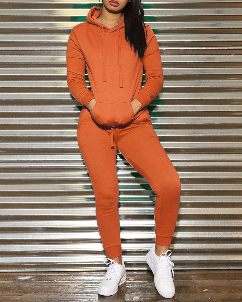 

Solid Pocket Design Hooded Top & Drawstring Pants Set, Orange