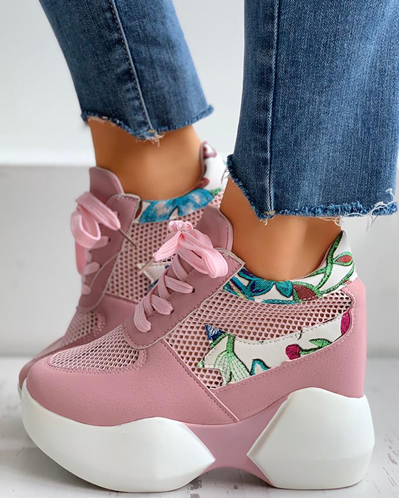 

Floral Embroidery Lace-Up Breathable Sneakers, Pink
