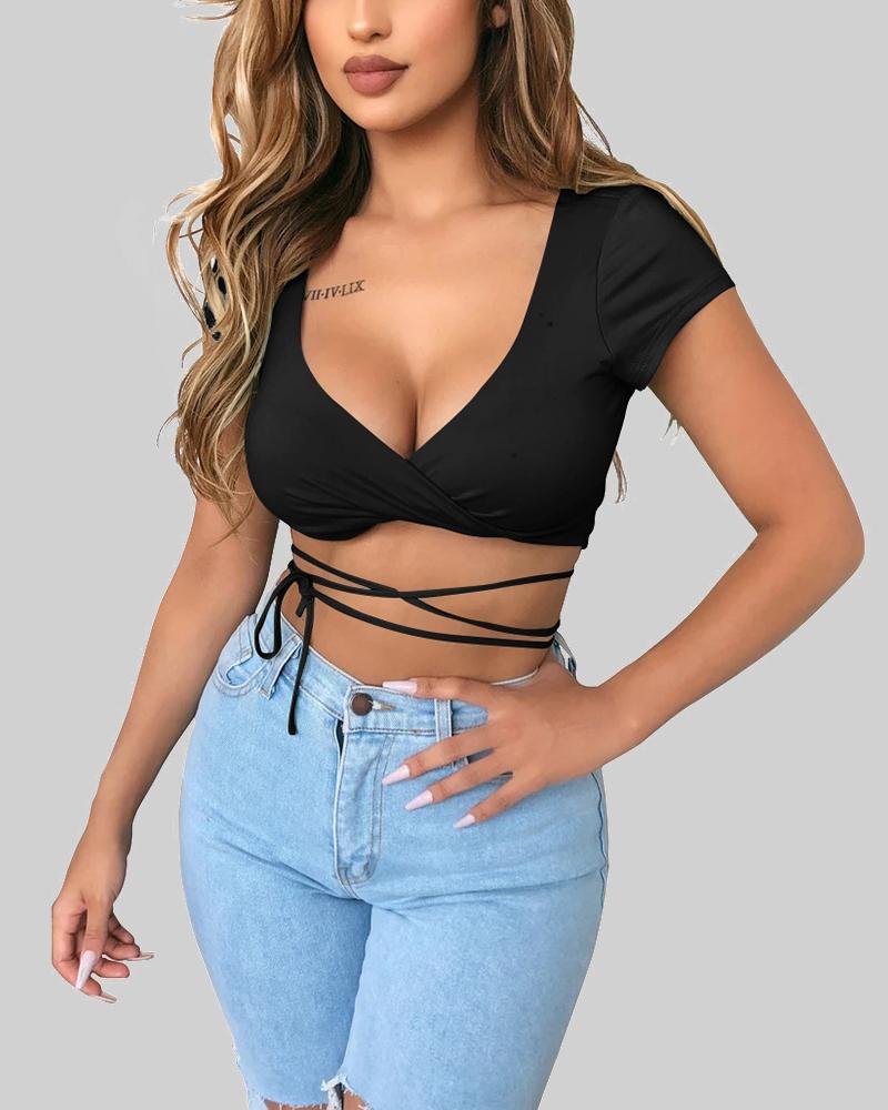

Solid Short Sleeve Skinny Strappy T-shirts, Black