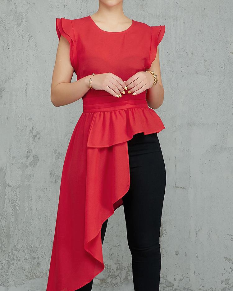 

Flutter Sleeve Irregular Flounced Hem Blouse, Red