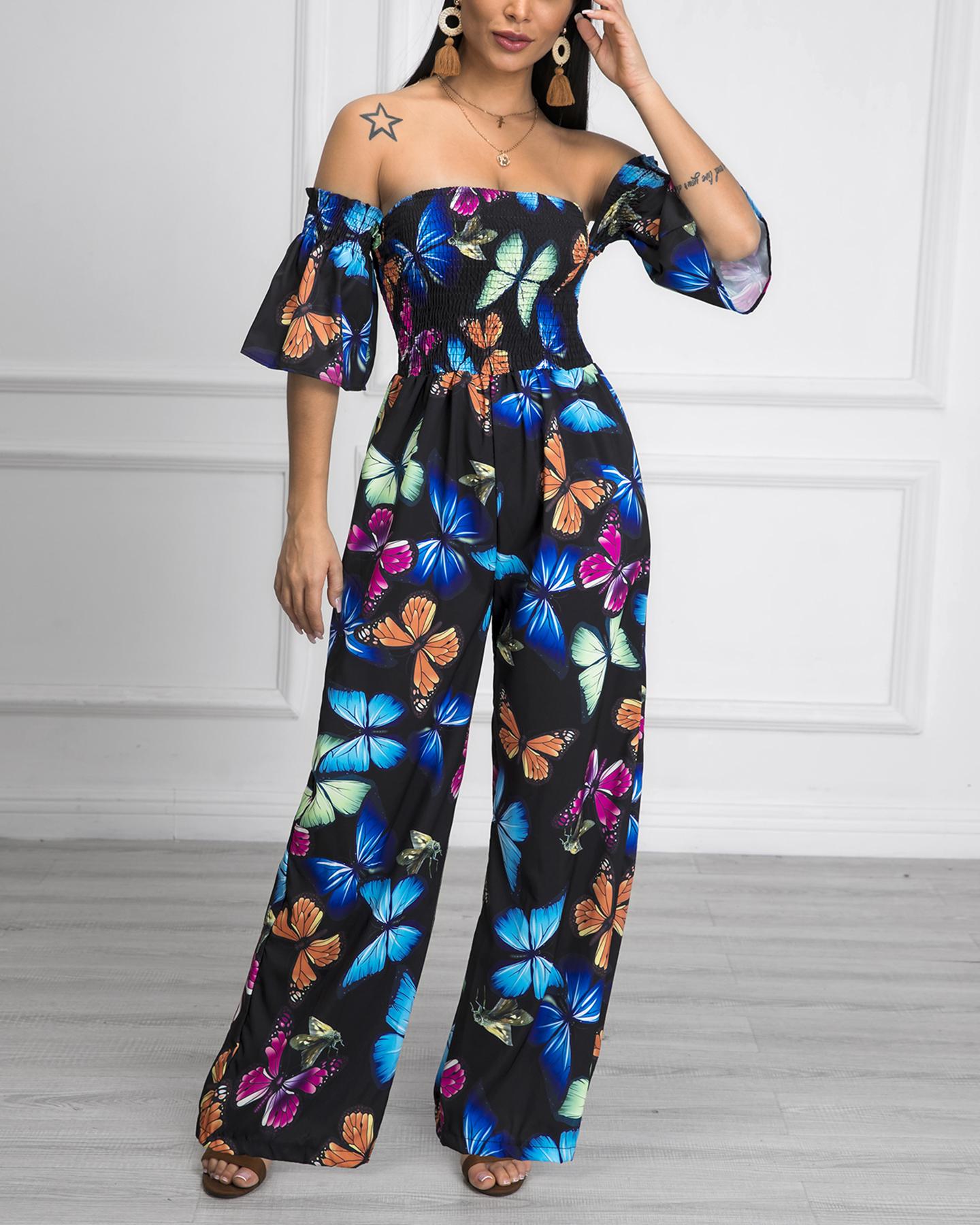 

Off Shoulder Floral Print Shirring Jumpsuit, Black