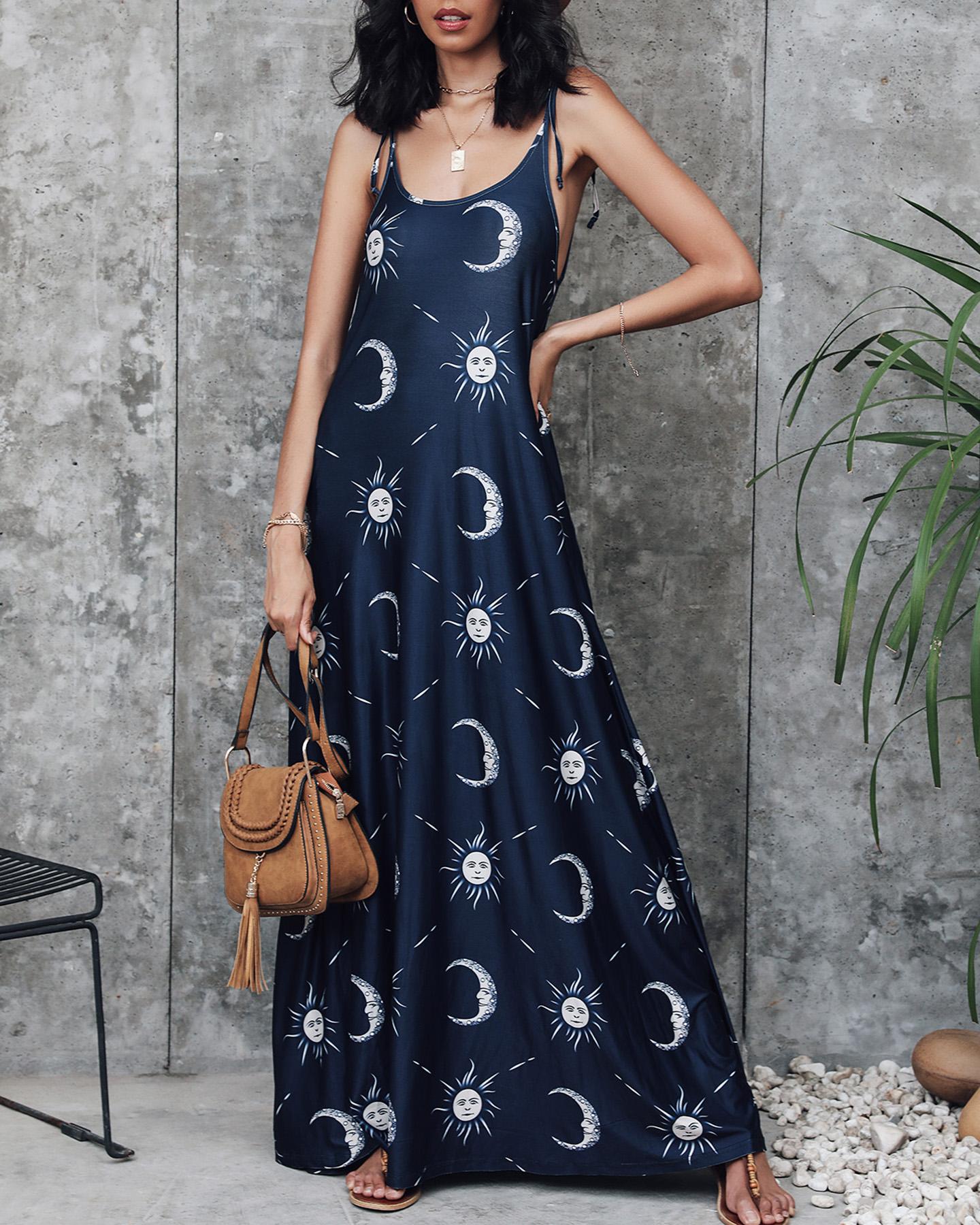 

Sun And Moon Print Maxi Dress, Purplish blue