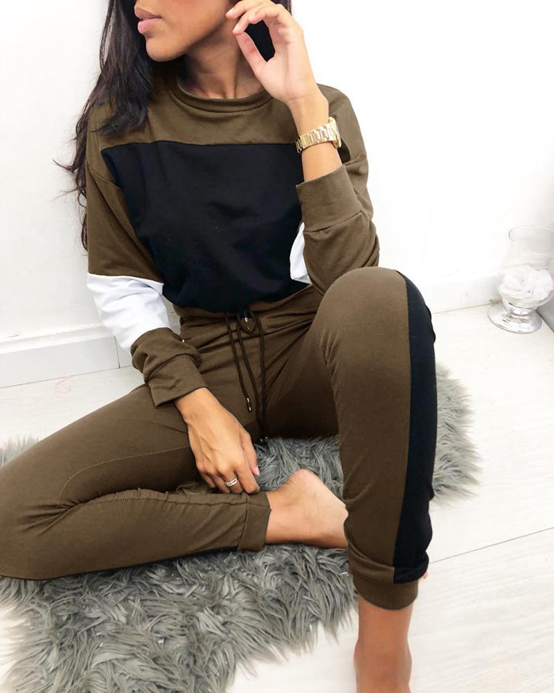 

Round Neck Colorblock Insert Top & Drawstring Pants Sets, Brown