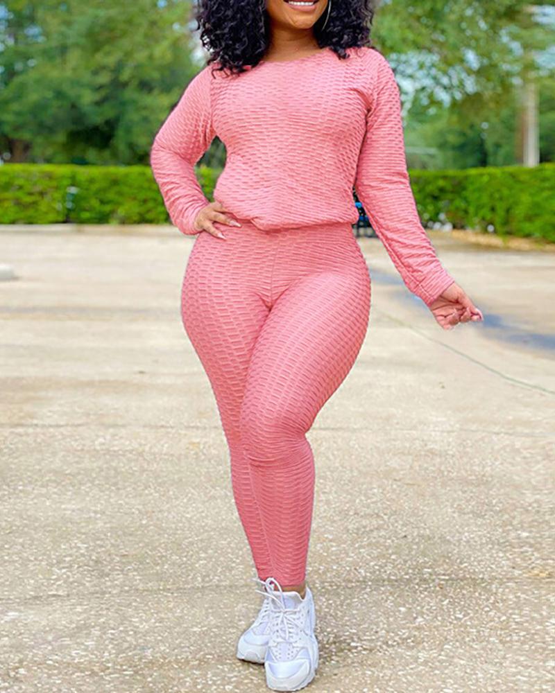 

Textured Long Sleeve Women Top & High Waist Pants Set, Pink
