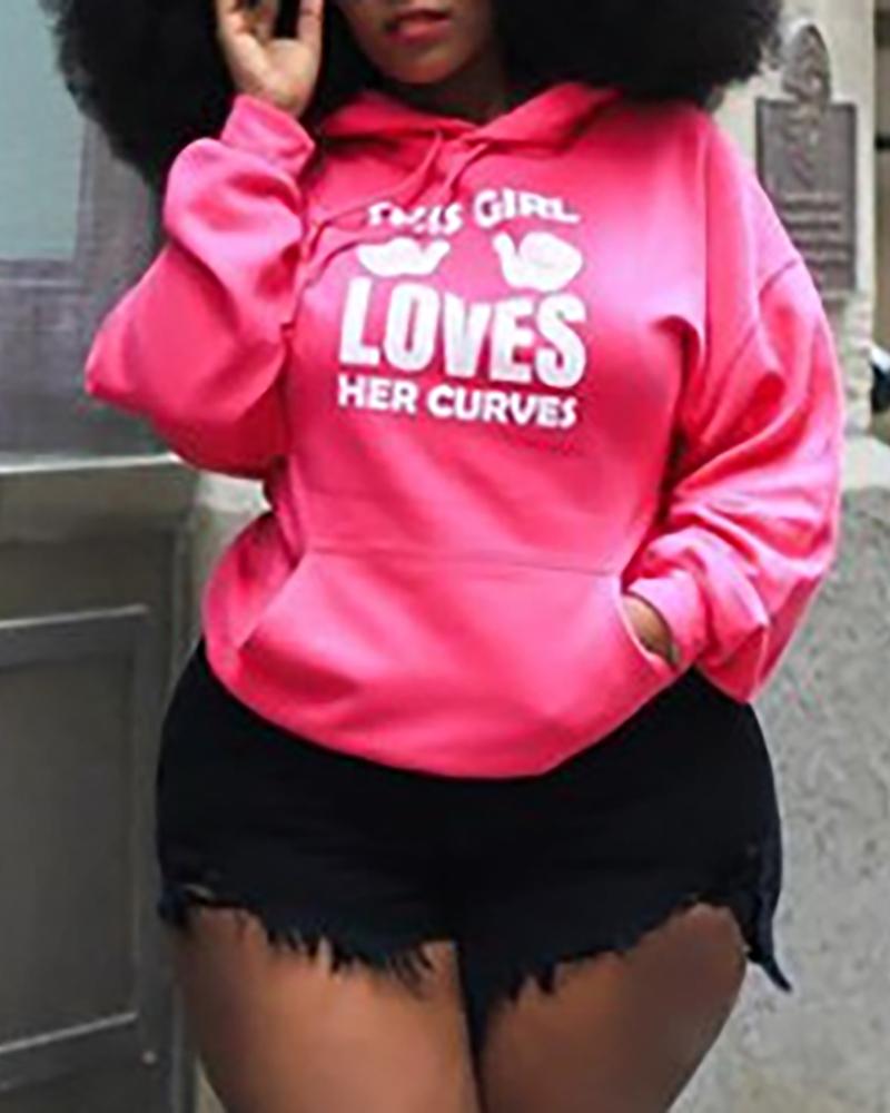 

Plus Size Letter Print Pocket Design Hoodie, Pink