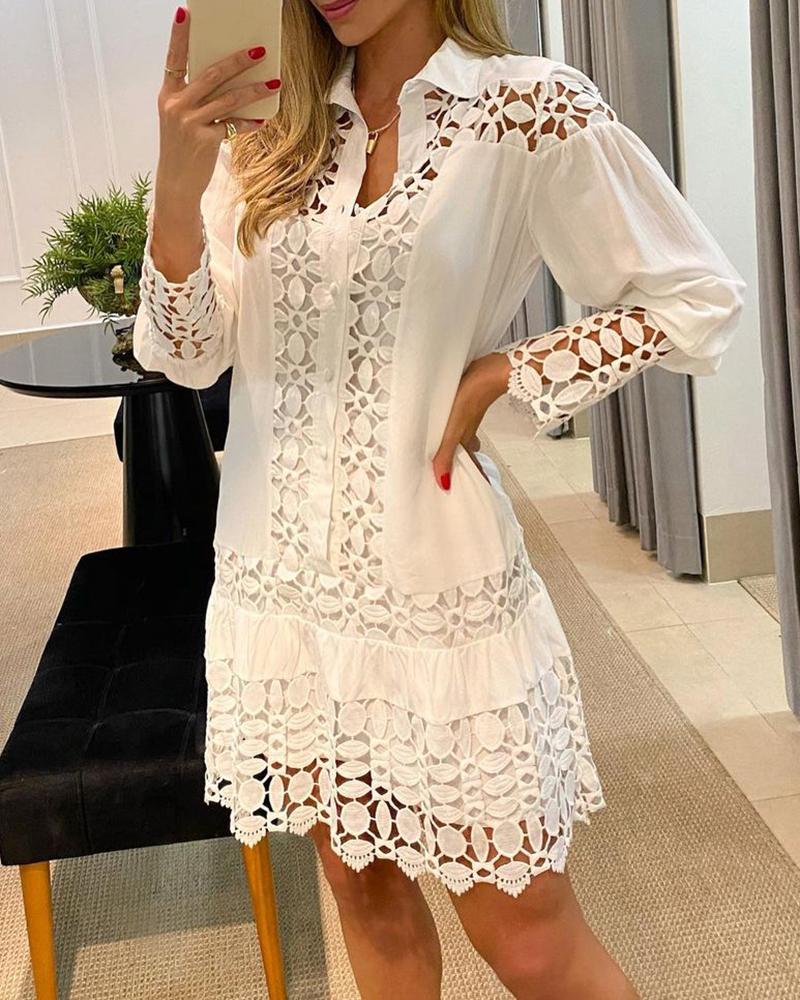 

Puff Sleeve Button Front Hollow-out Lace Dress, White
