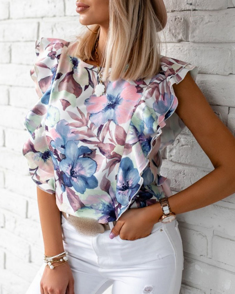 

Floral Print Ruffle Hem Sleeveless Top, Multicolor