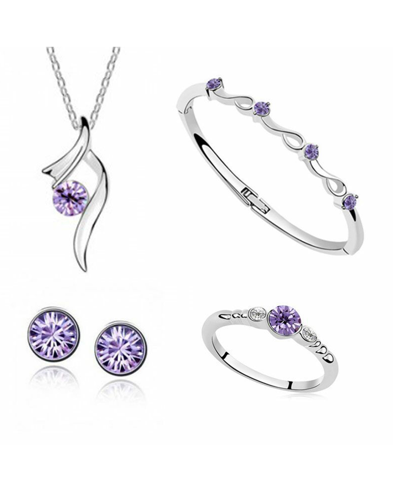 

5PCS Rhinestone Stud Pendant Necklace & Earrings & Bracelet & Ring Set, Purple