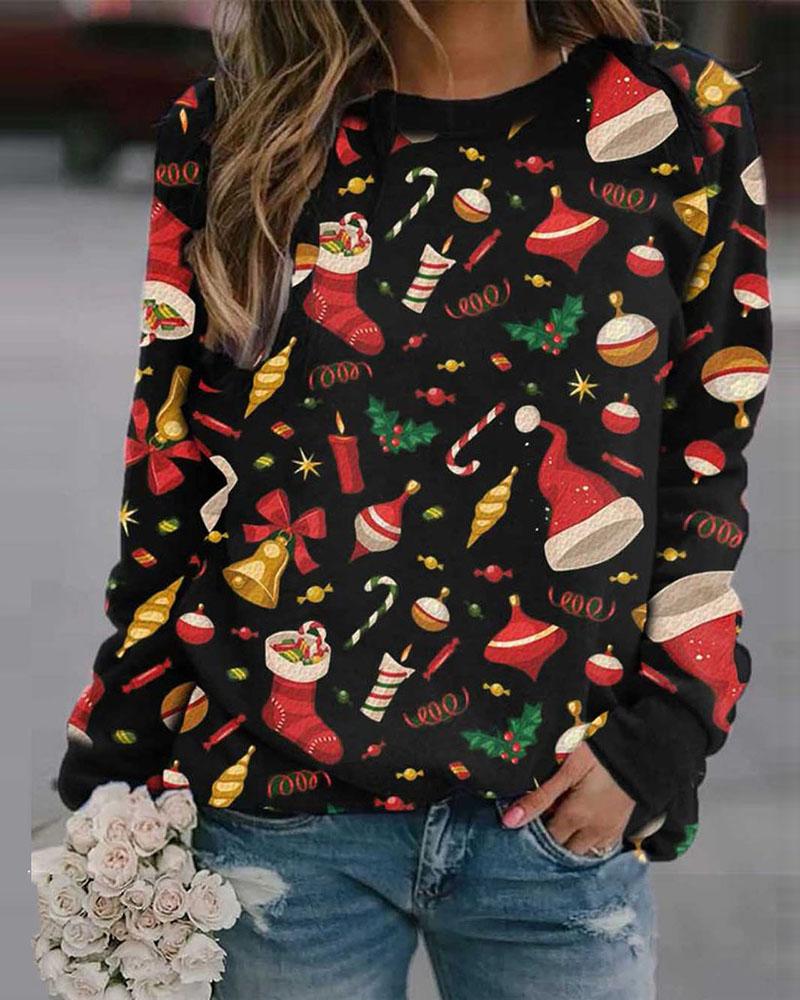 

Christmas Mixed Print Casual Sweatshirt, Red