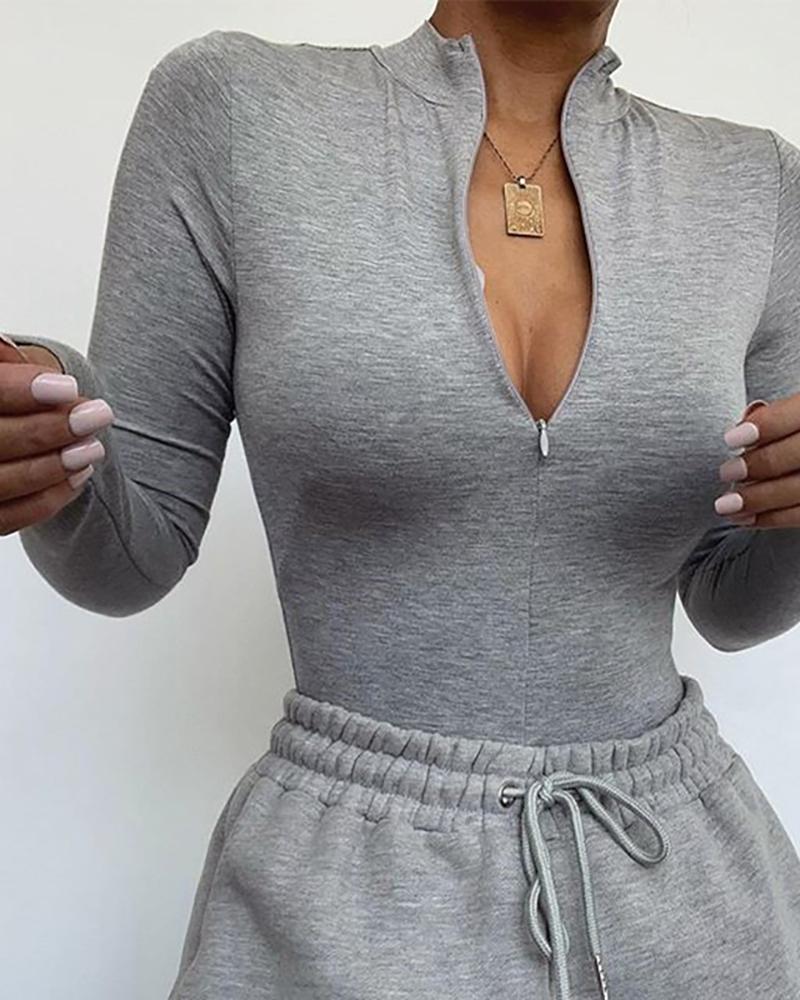 

Plain Zipper Design Long Sleeve Bodysuit, Gray
