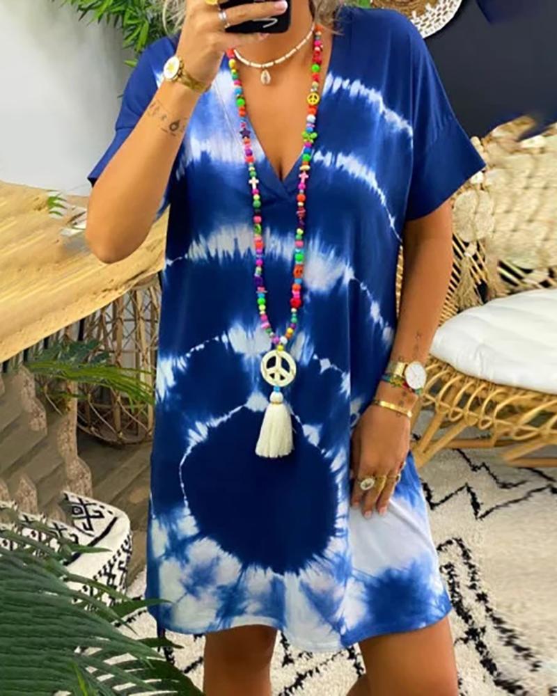 

V Neck Short Sleeve Tie Dye Print Dress, Dark blue