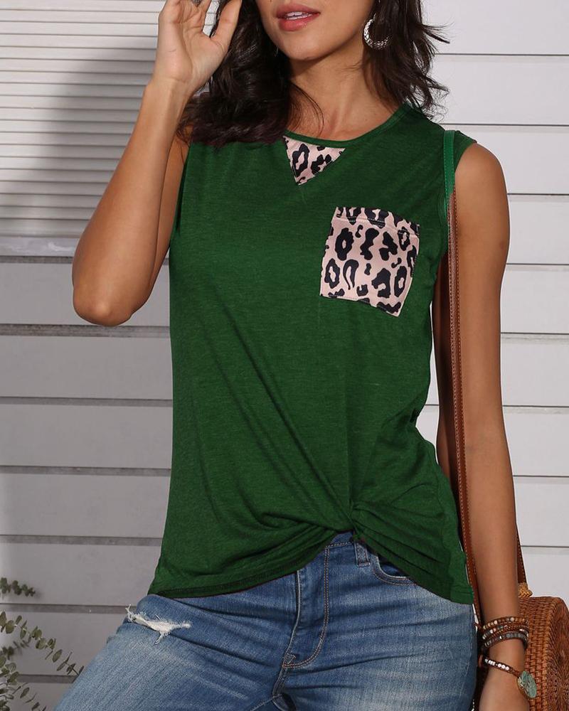 

Leopard Print Pocket Design Tank Top, Green