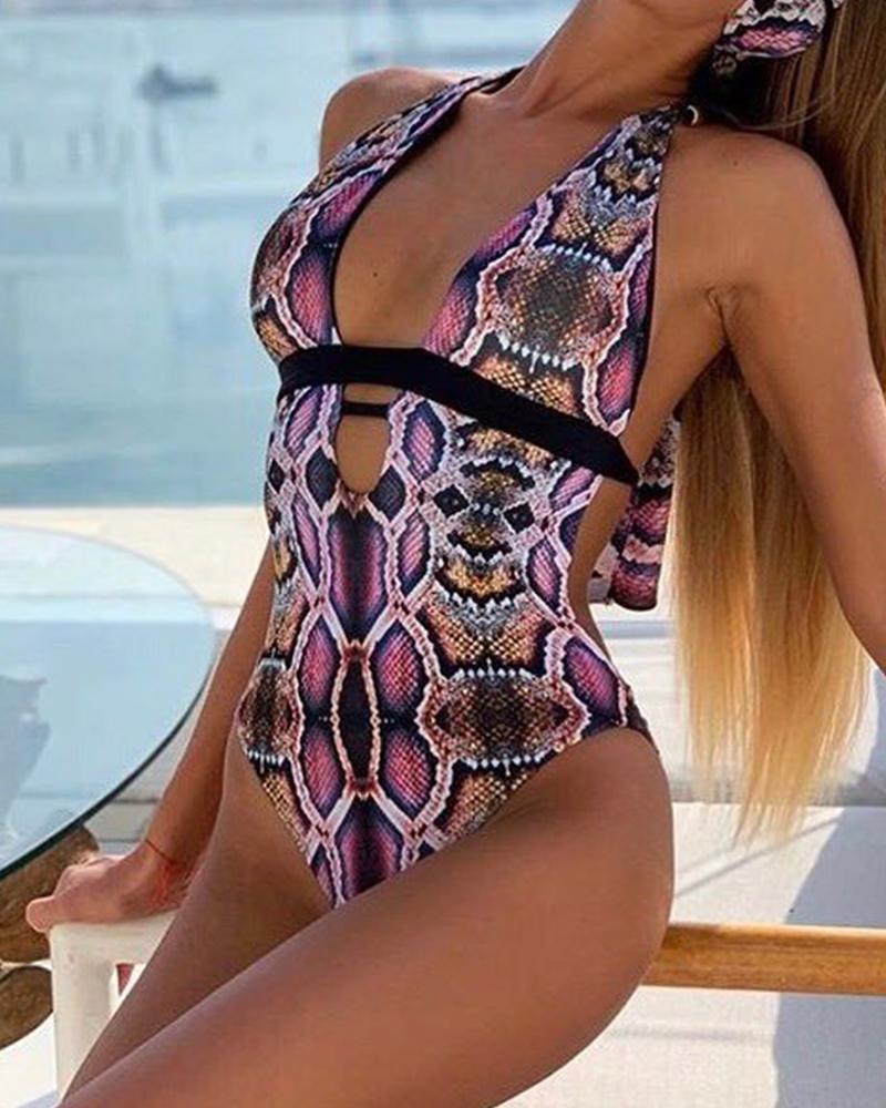

Snakeskin Print Sleeveless One-piece Swimwear