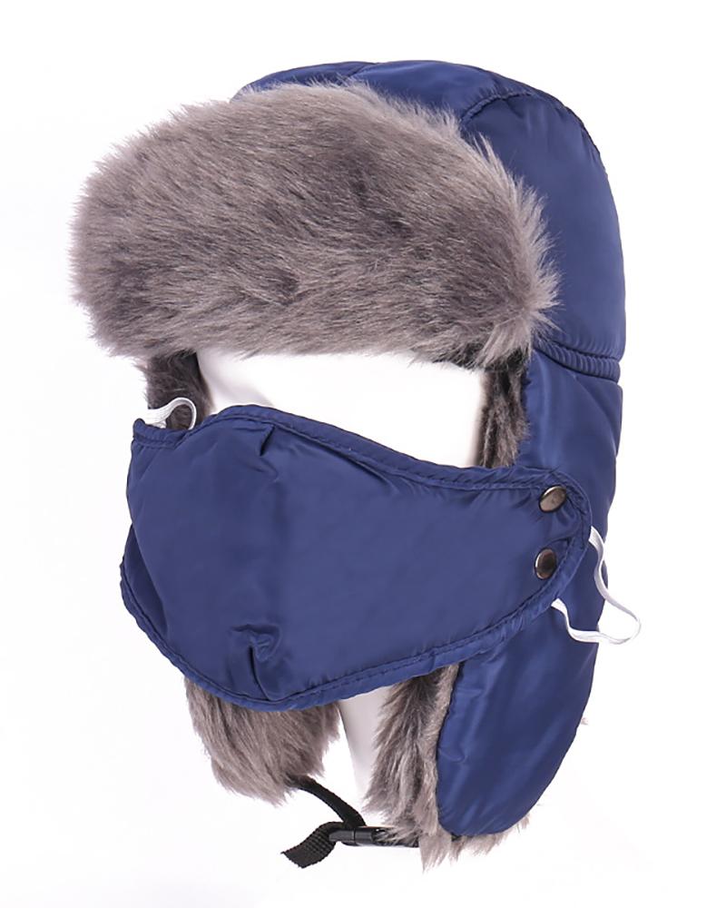 

Colorblock Warm Trapper Windproof Hat With Face Mask, Dark blue