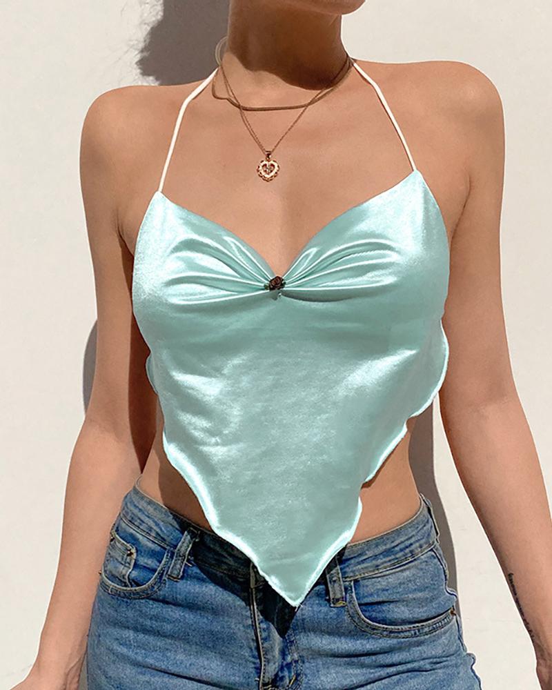

Halter Ruched Backless Handkerchief Tank Women Top, Green