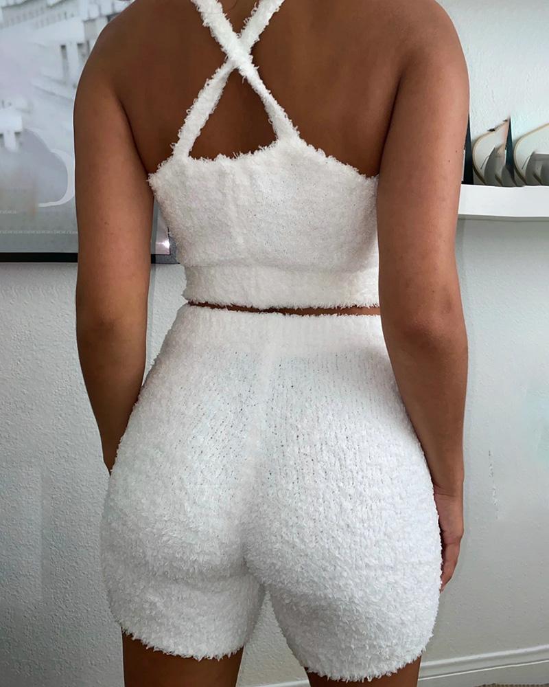 

Fluffy Thick Strap Crisscross Back Pajamas Set, White