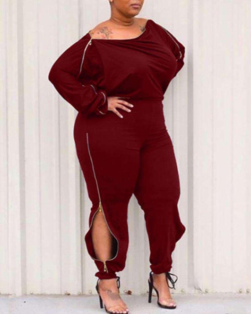 

Plus Size Plain Zipper Design Top & Tie Detail Pants Set, Wine red