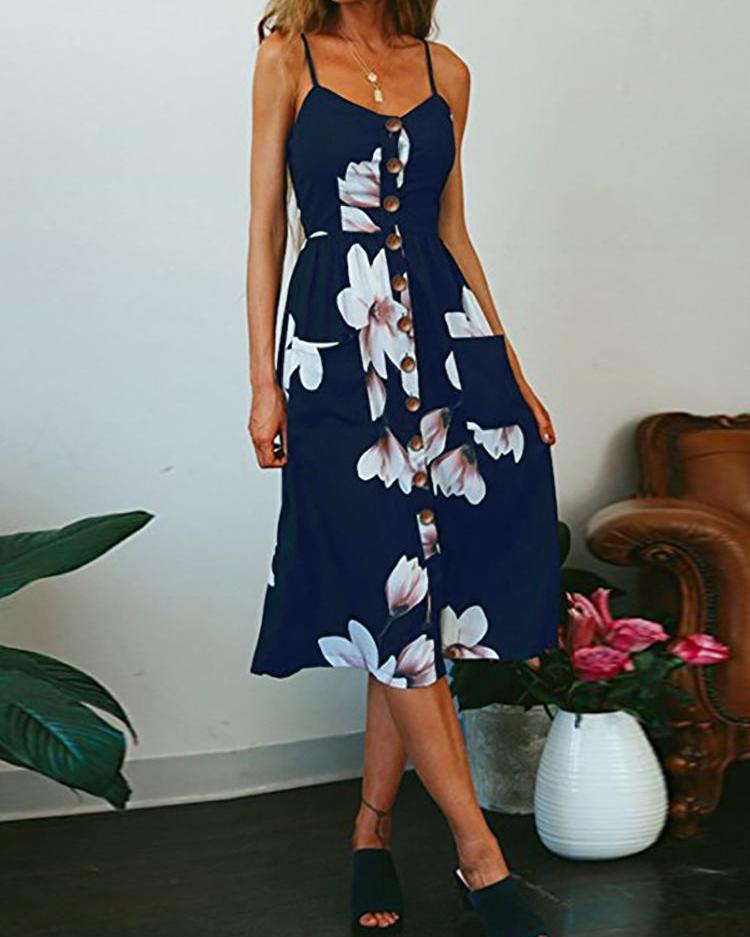 

Floral Print Button Design Slip Dress, Purplish blue