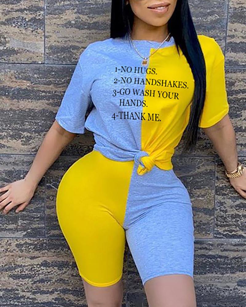 

Letter Print Colorblock Top & Short Set, Yellow