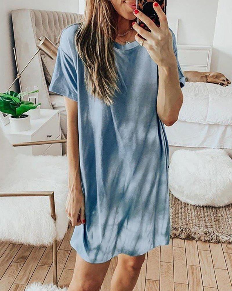

Tie Dye Print Short Sleeve Casual Dress, Blue
