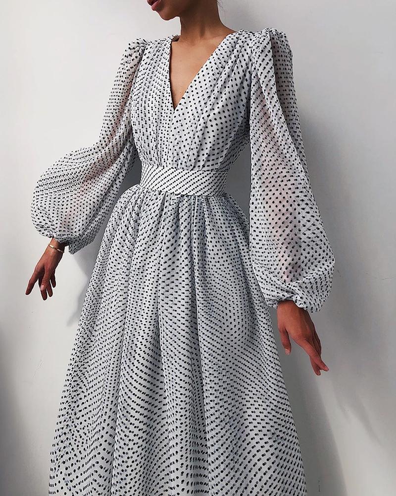 

Polkadot Print Lantern Sleeve Mesh Casual Dress, White