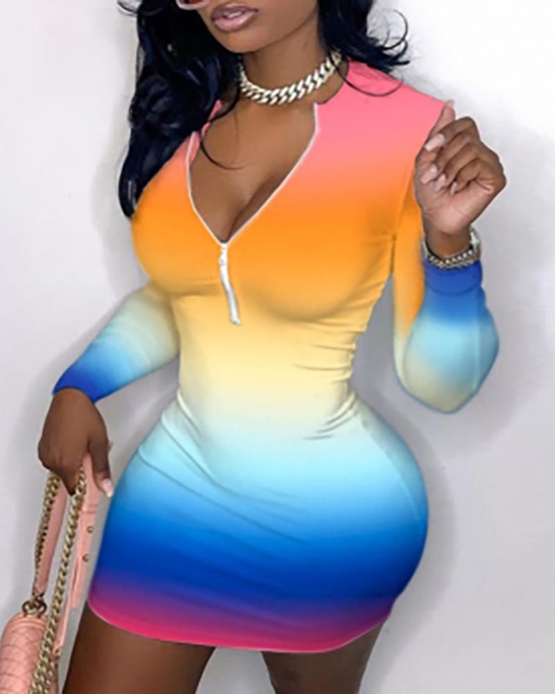 

Tie Dye Print Zipper Design Bodycon Dress, Multicolor