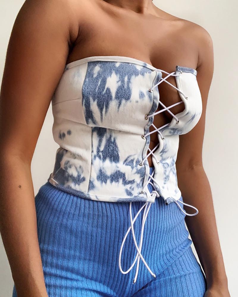 

Tie Dye Print Off Shoulder Eyelet Lace Up Top, Light blue