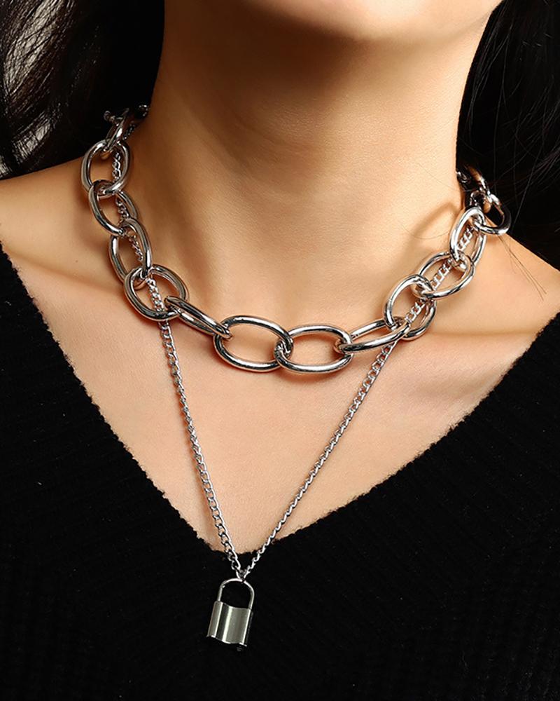

2PCS Lock Charm & Chain Necklace, Silver