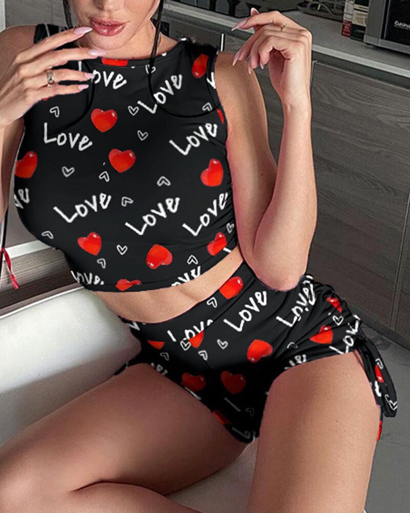 

Letter&Heart Print Sleeveless PJ Sets, Black