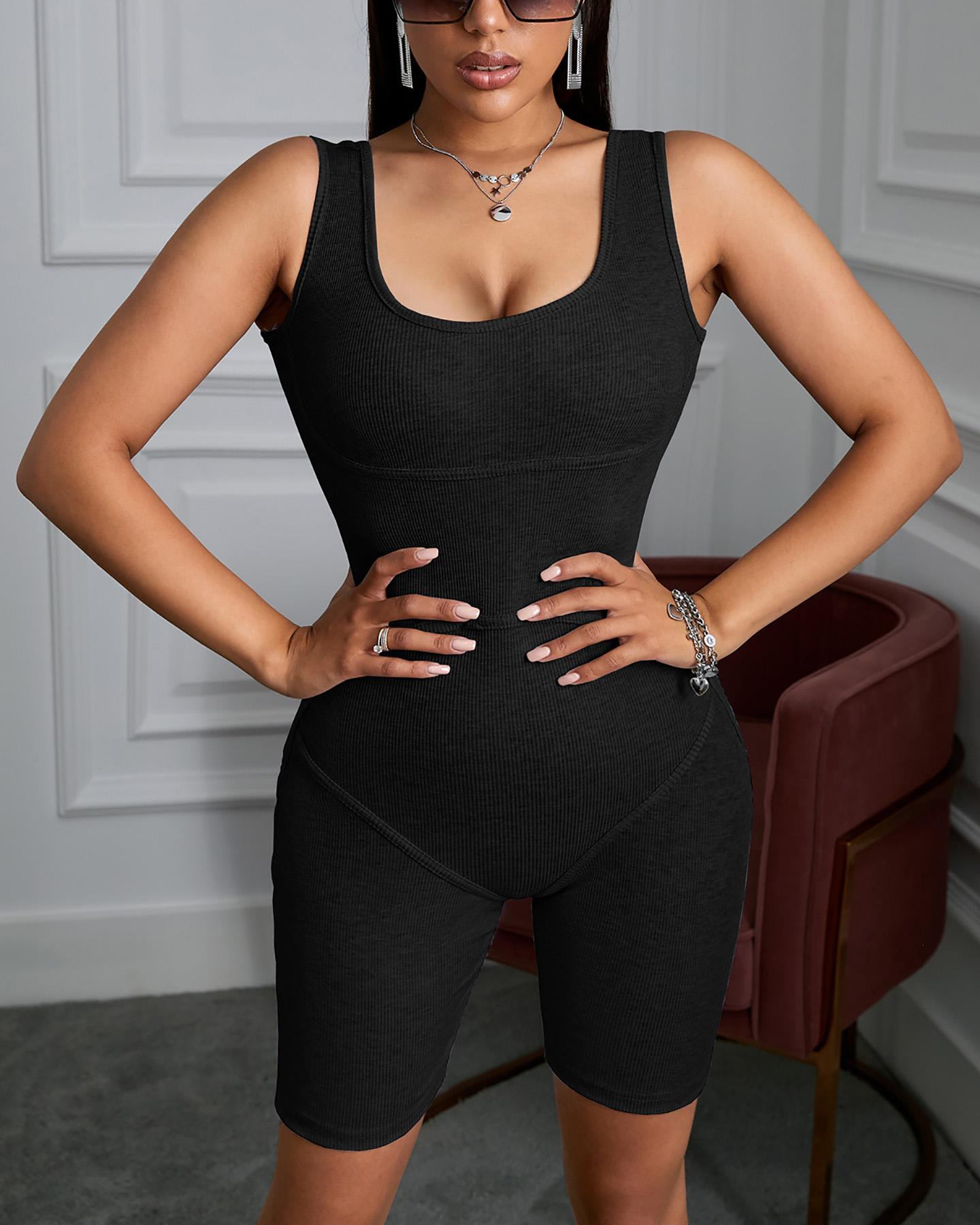 

U-Neck Thick Strap Fitted Romper, Black