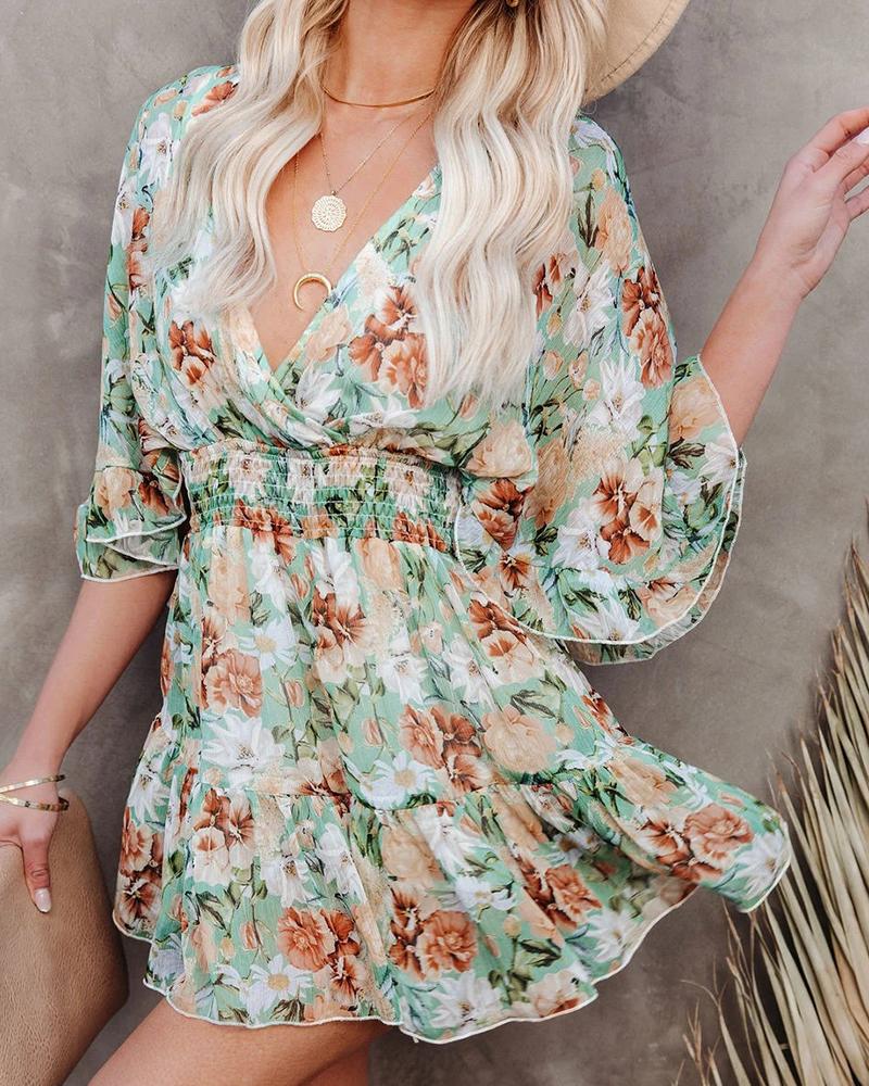 

Ditsy Floral Print Wrap Long Sleeve Dress, Green