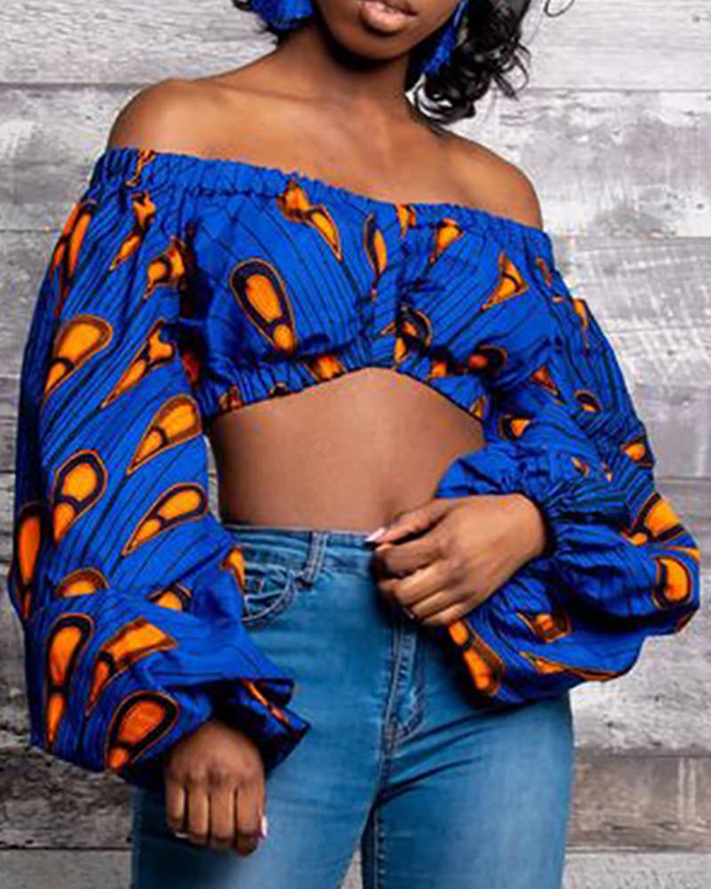 

Print Off Shoulder Lanern Sleeve Crop Top, Blue