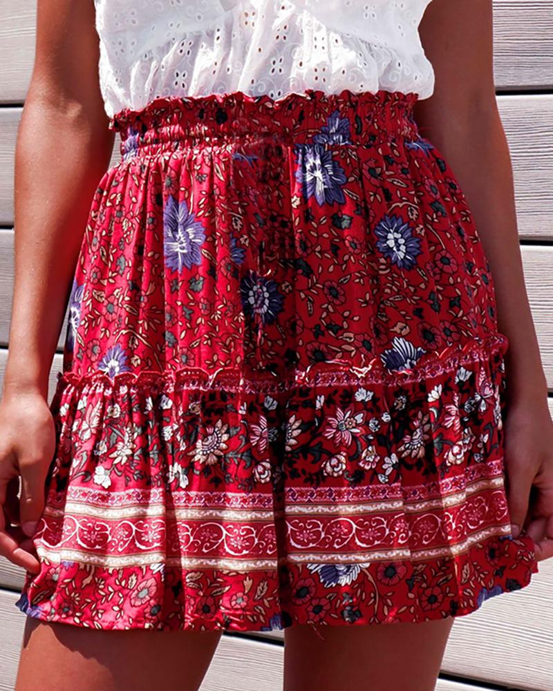 

Floral Print Frill Hem Casual Skirt, Red