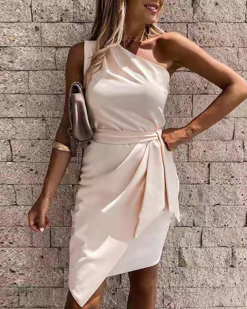 

One Shoulder Tied Detail Irregular Casual Dress, Beige