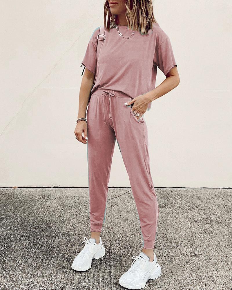 

Solid Short Sleeve Top & Drawstring Pants Set, Pink