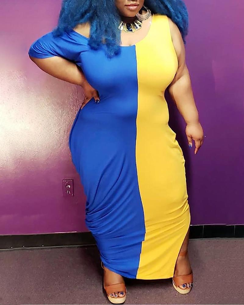 

Colorblock Ruched Slit Casual Dress, Blue