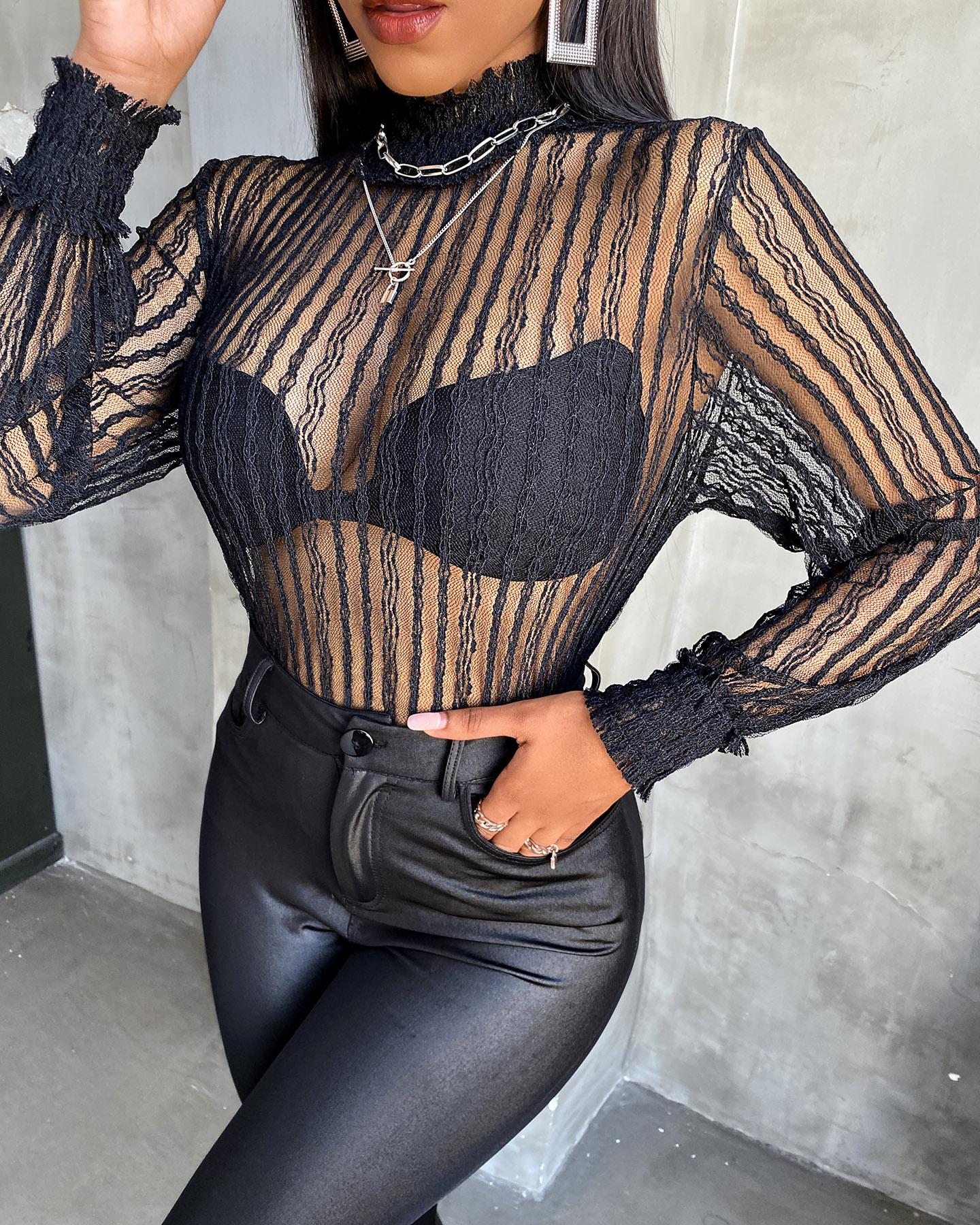 

Lace Sheer Mesh Long Sleeve Top, Black