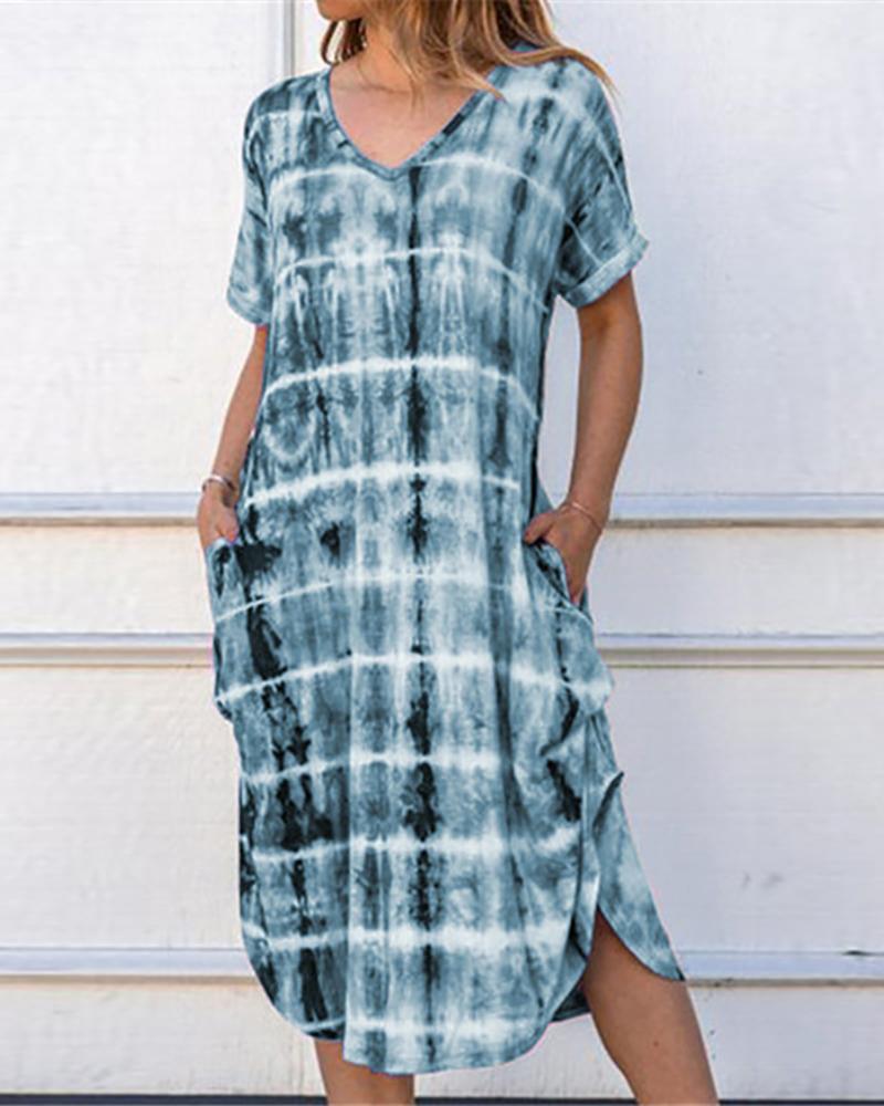 

Tie Dye Print V-neck Slit Casual Dress, Blue