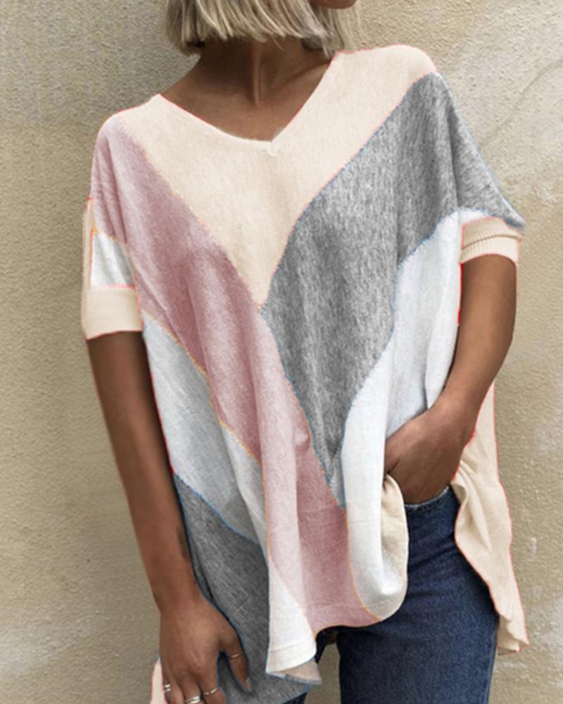 

Wide Striped Patterns Print Short Sleeve Loose T-shirts, Beige