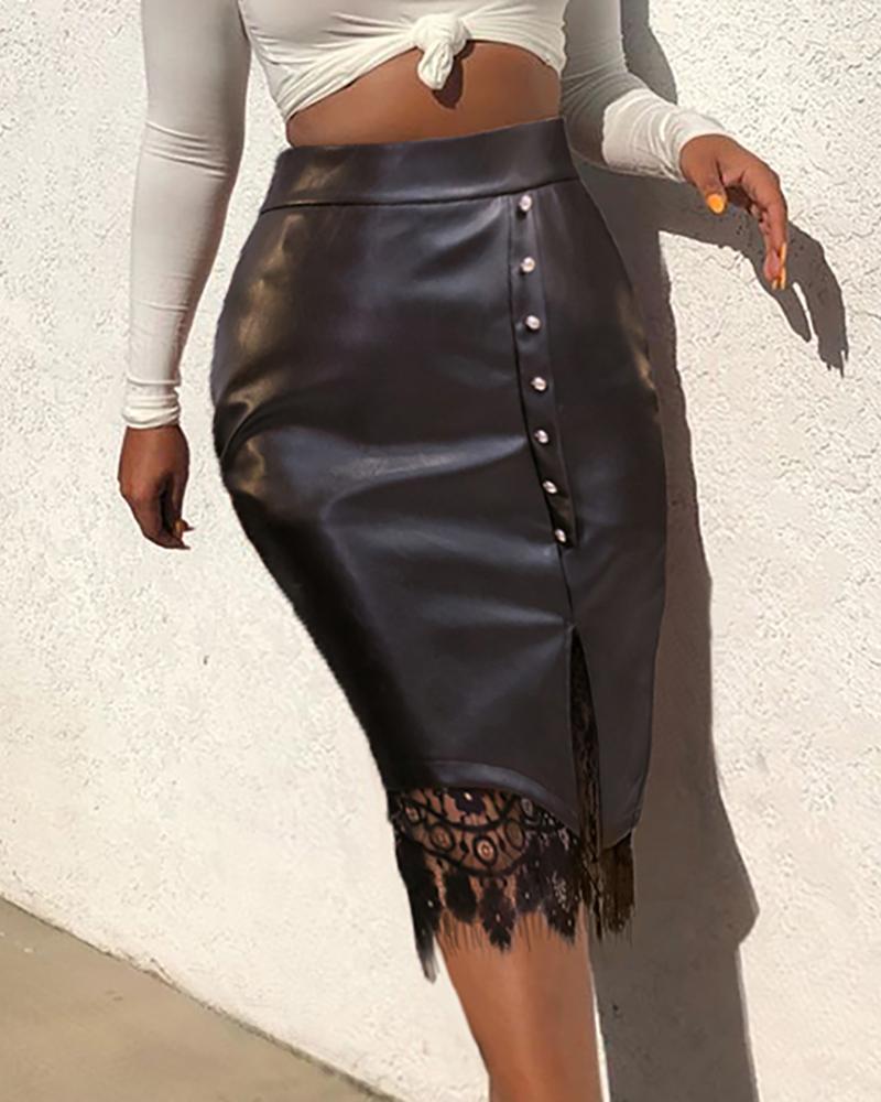 

Eyelash Lace Button Design PU Leather Skirt, Black