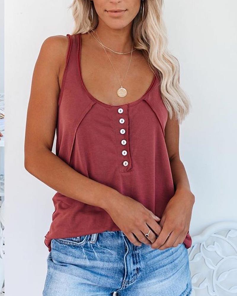 

U-neck Half Button Casual Tank Top, Red
