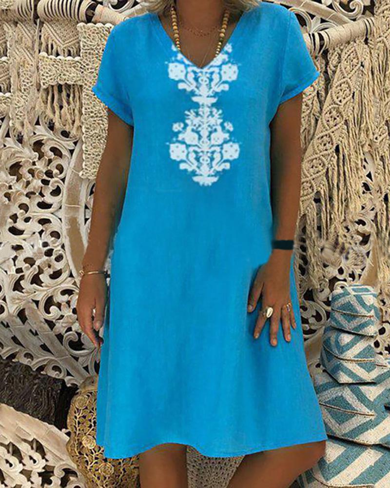 

Retro Print Short Sleeve Casual Women Dress, Blue
