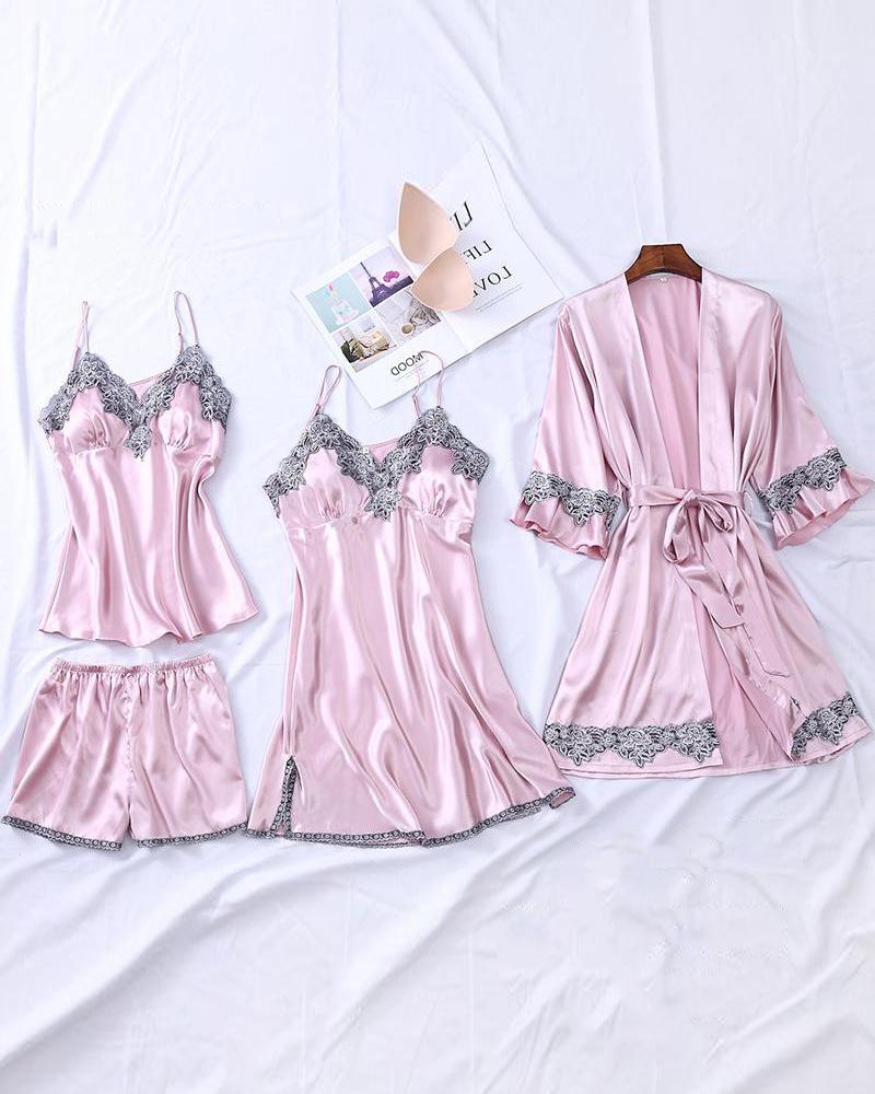 

Satin Lace-Trim 4-Piece Pajama Set, Pink