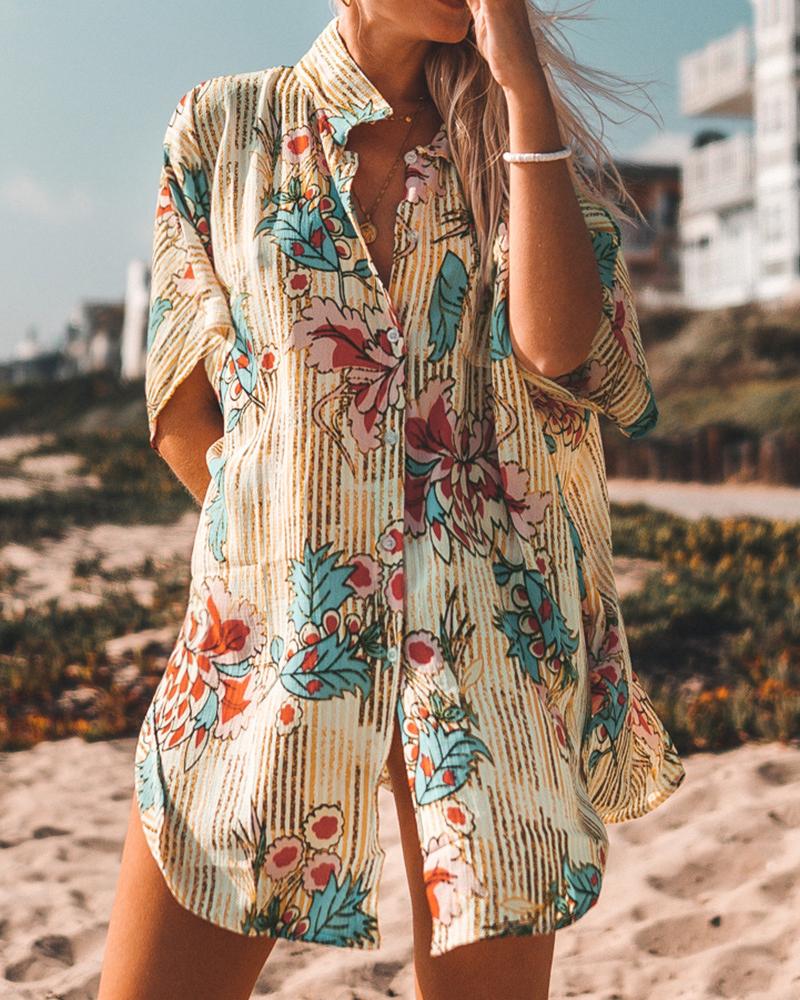 

Striped Plant Print Buttoned Sun Protection Shirt, Apricot