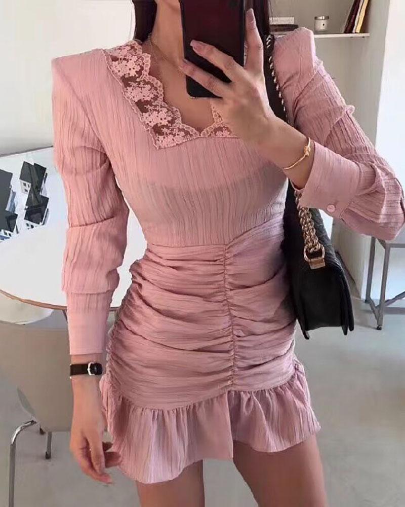 

Lace Trim Ruched Ruffles Bodycon Dress, Pink