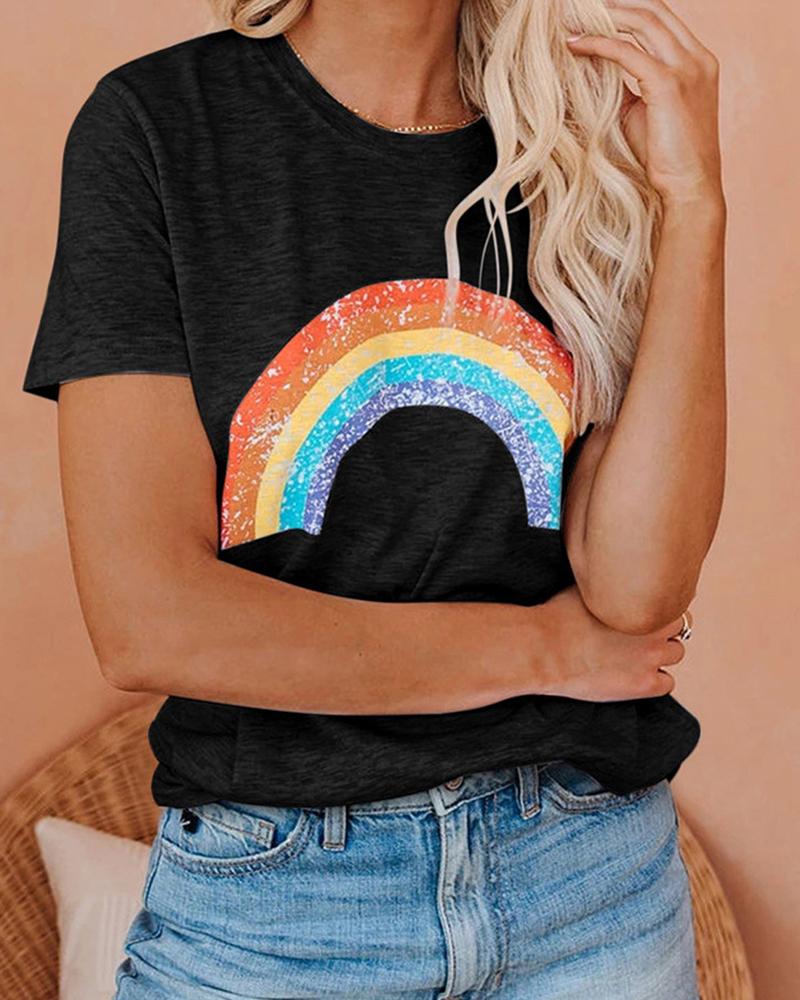 

Glitter Rainbow Patterns Print Short Sleeve Loose T-shirts, Black