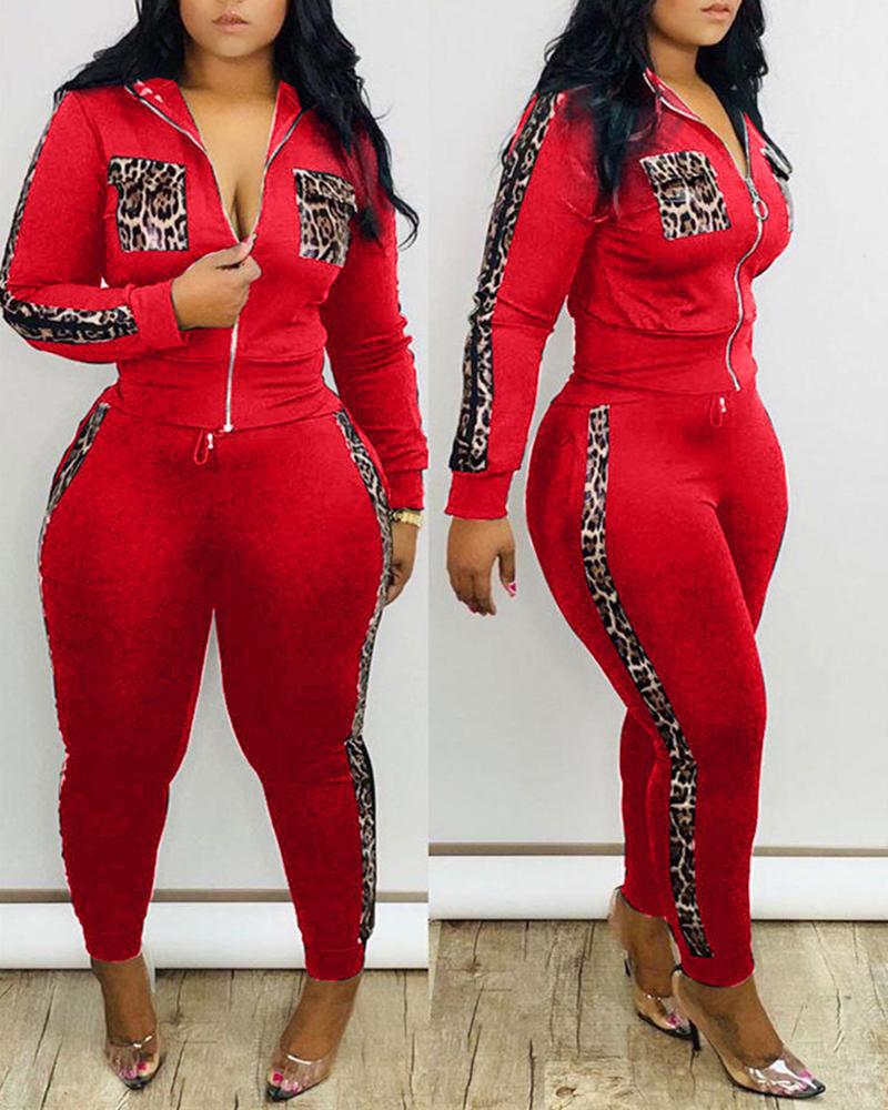 

Cheetah Print Zip Pocket Design Top & Fitted Pants Set, Red