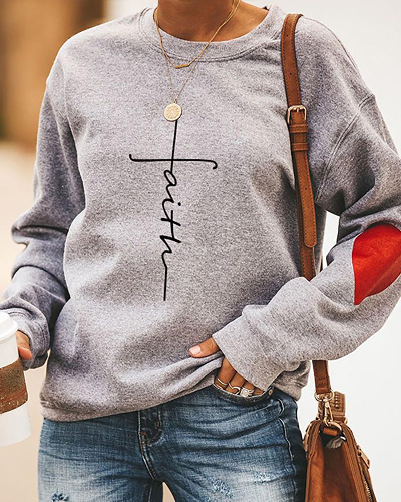 

Long Sleeve Letter Red Heart Print Casual Sweatshirt, Gray