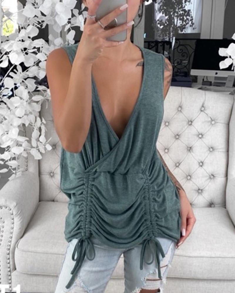 

Solid Strap Sleeveless Loose Ruched Tanks, Green