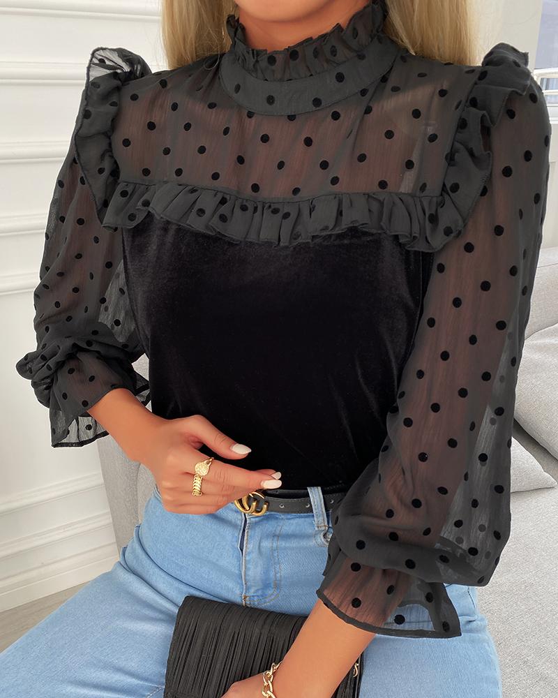 

Mock Neck Polkadot Print Mesh Blouse, Black